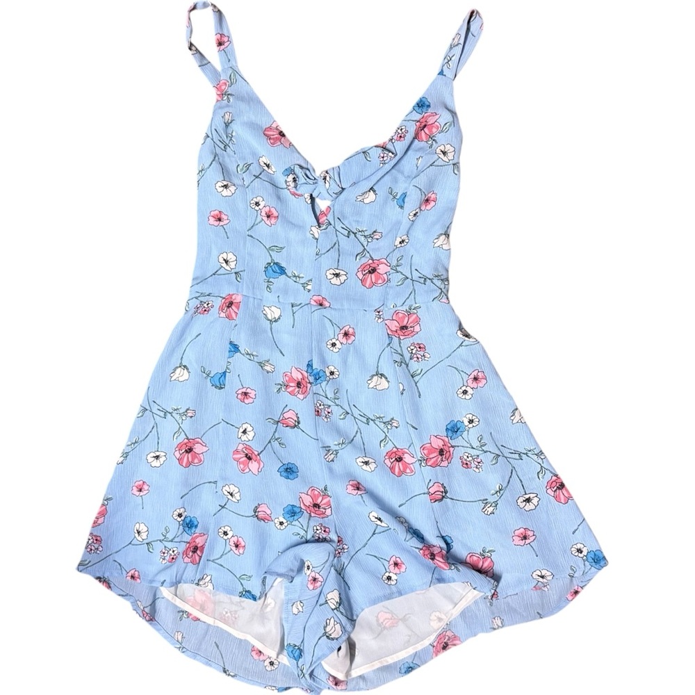 Lush Blue Floral Sleeveless Cross Back Jumpsuit Sz S F20